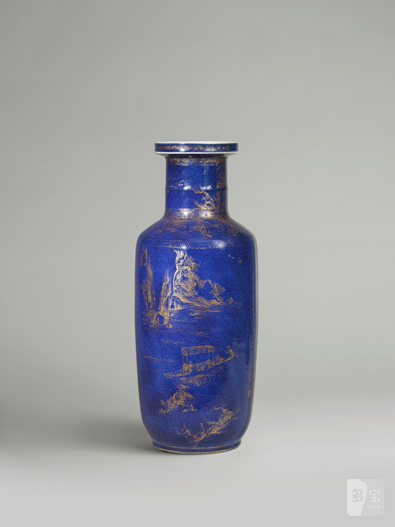 清康熙 灑藍釉描金後赤壁赋圖詩文棒槌瓶 | IMPORTANT VASE ROULEAU EN PORCELAINE BLEU POUDRÉ À DÉCOR À L'OR - 图2